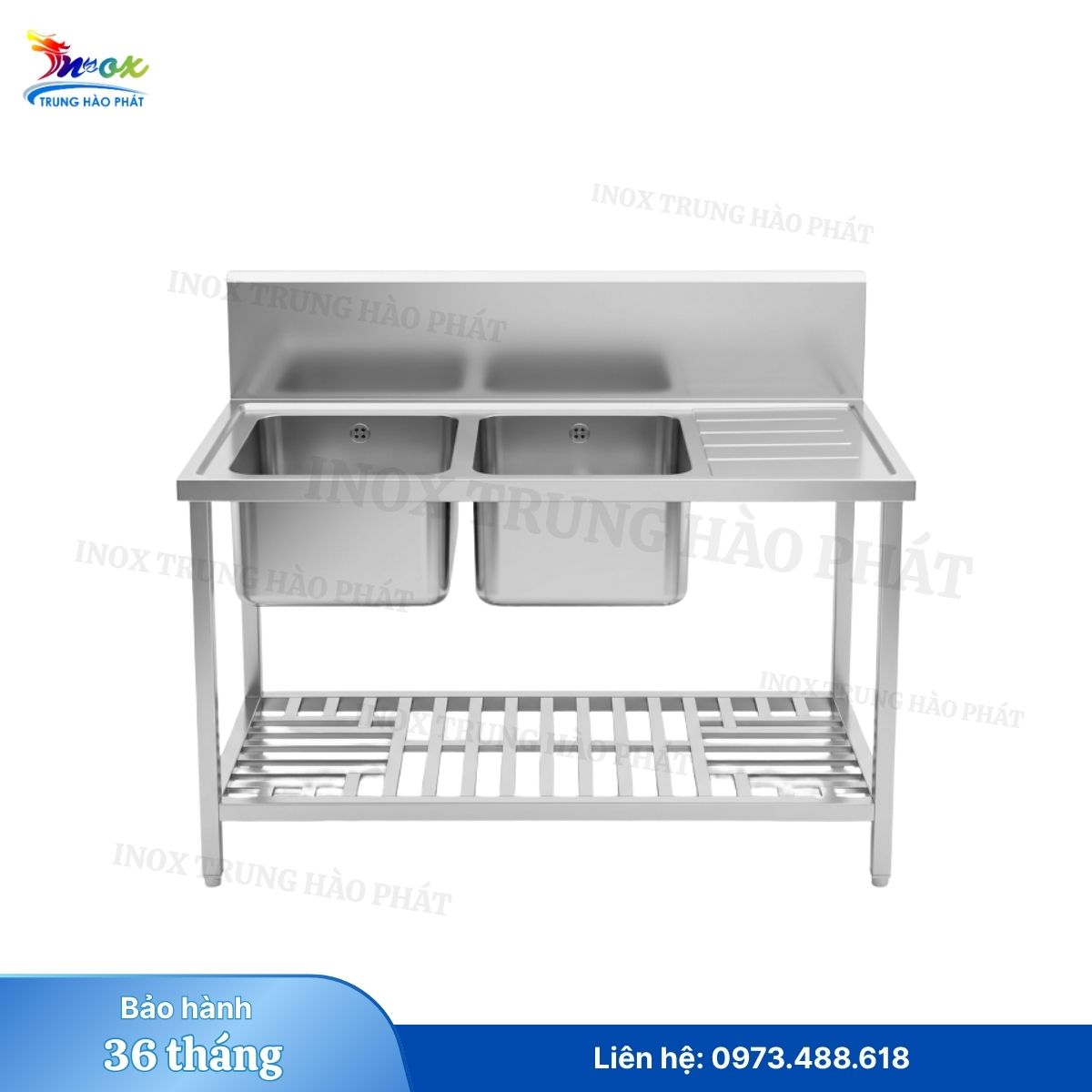 CHẬU RỬA INOX CÔNG NGHIỆP 2 HỘC CÓ BÀN CHỜ VÀ KỆ DƯỚI