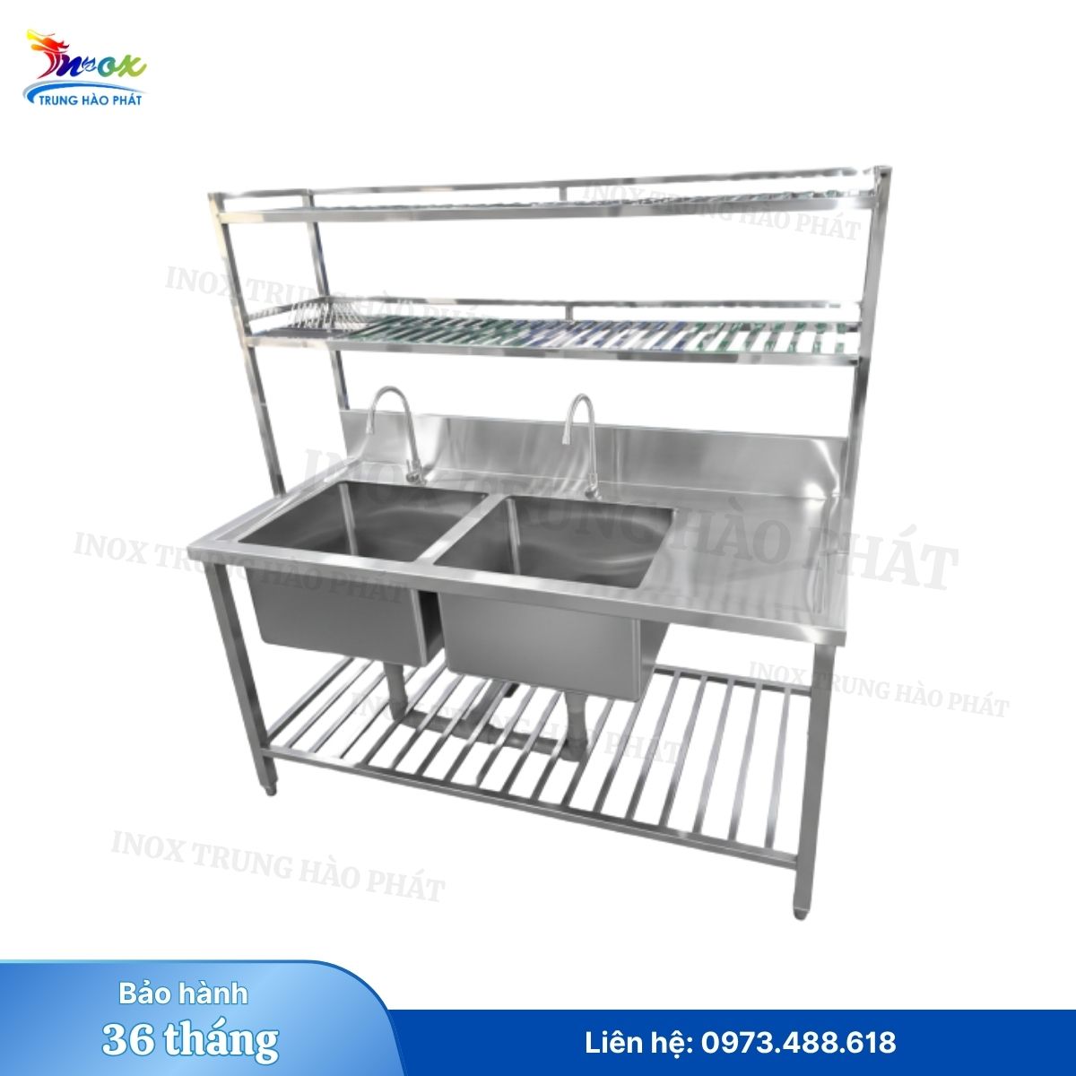 CHẬU RỬA INOX CÔNG NGHIỆP 2 HỘC CÓ KỆ TRÊN VÀ KỆ DƯỚI